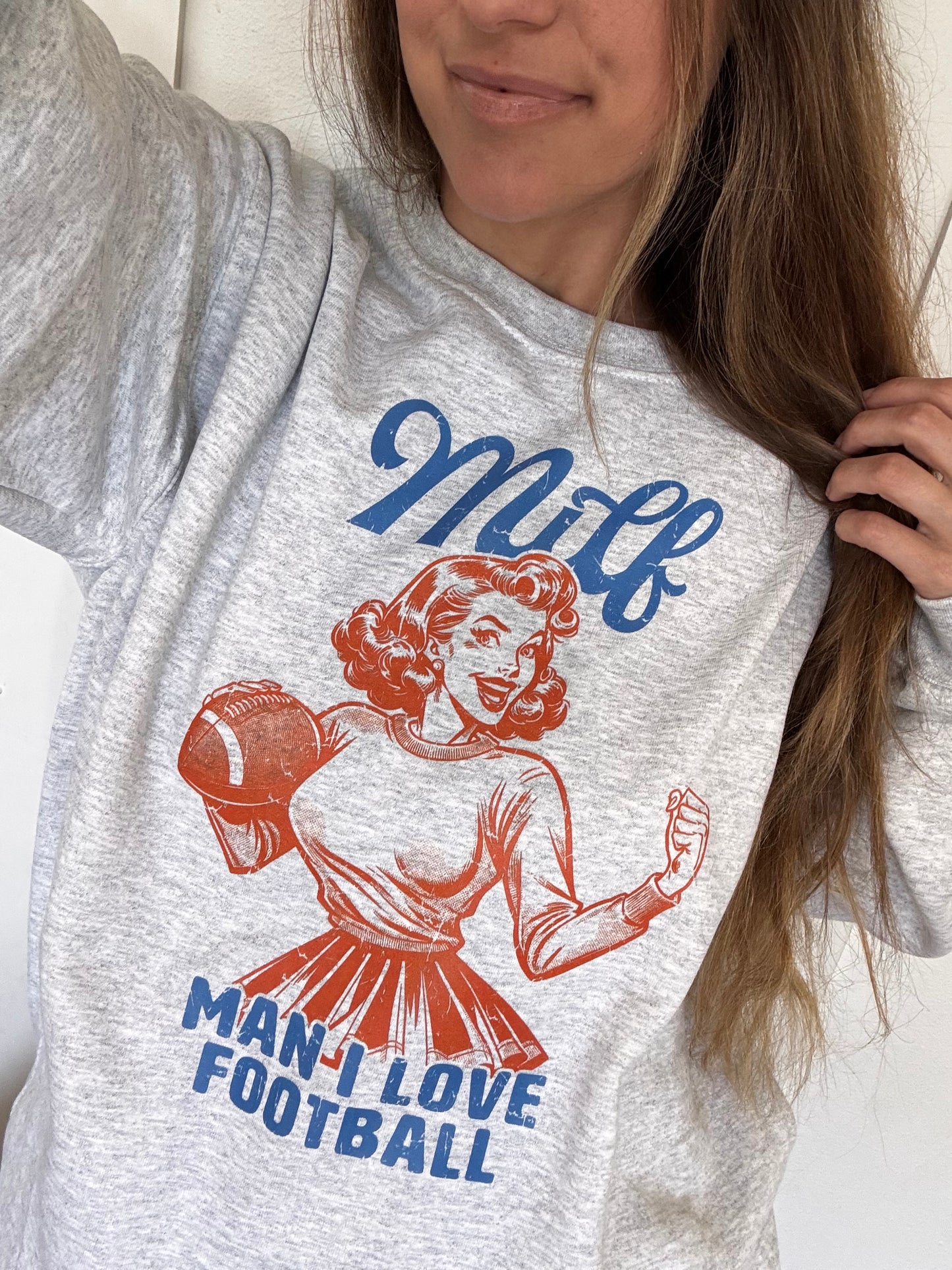 MILF Football Sweatshirt | Retro “Man I Love Football” Graphic Crewneck | Funny Game Day Shirt | Women’s Fall Football Outfit | Gift for Sports Fans
