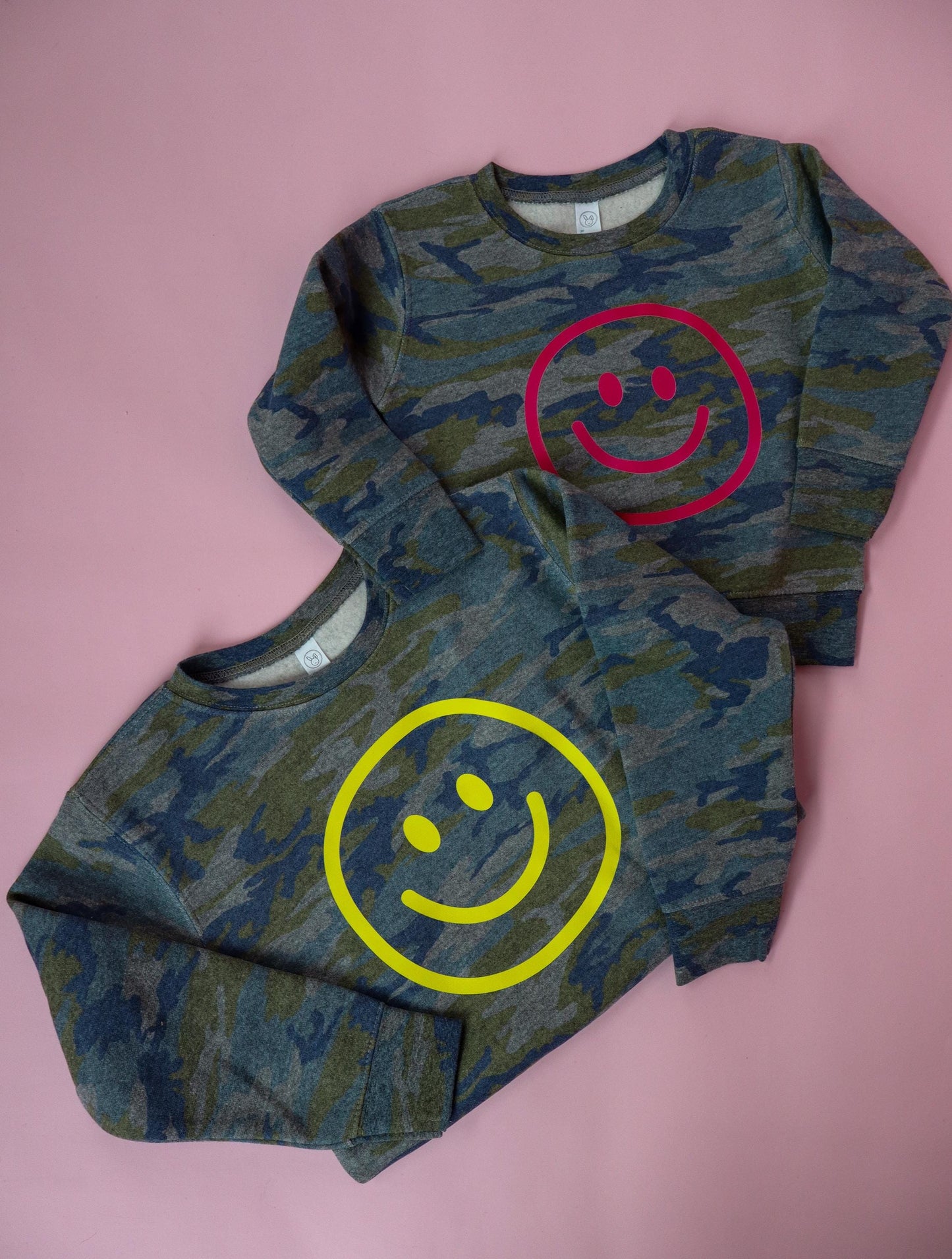 Customizable Retro Happy Face Camo Sweatshirt or T-Shirt | Infant, Toddler, Youth Sizes | Trendy Kids Crewneck, Gift for Toddler, Youth
