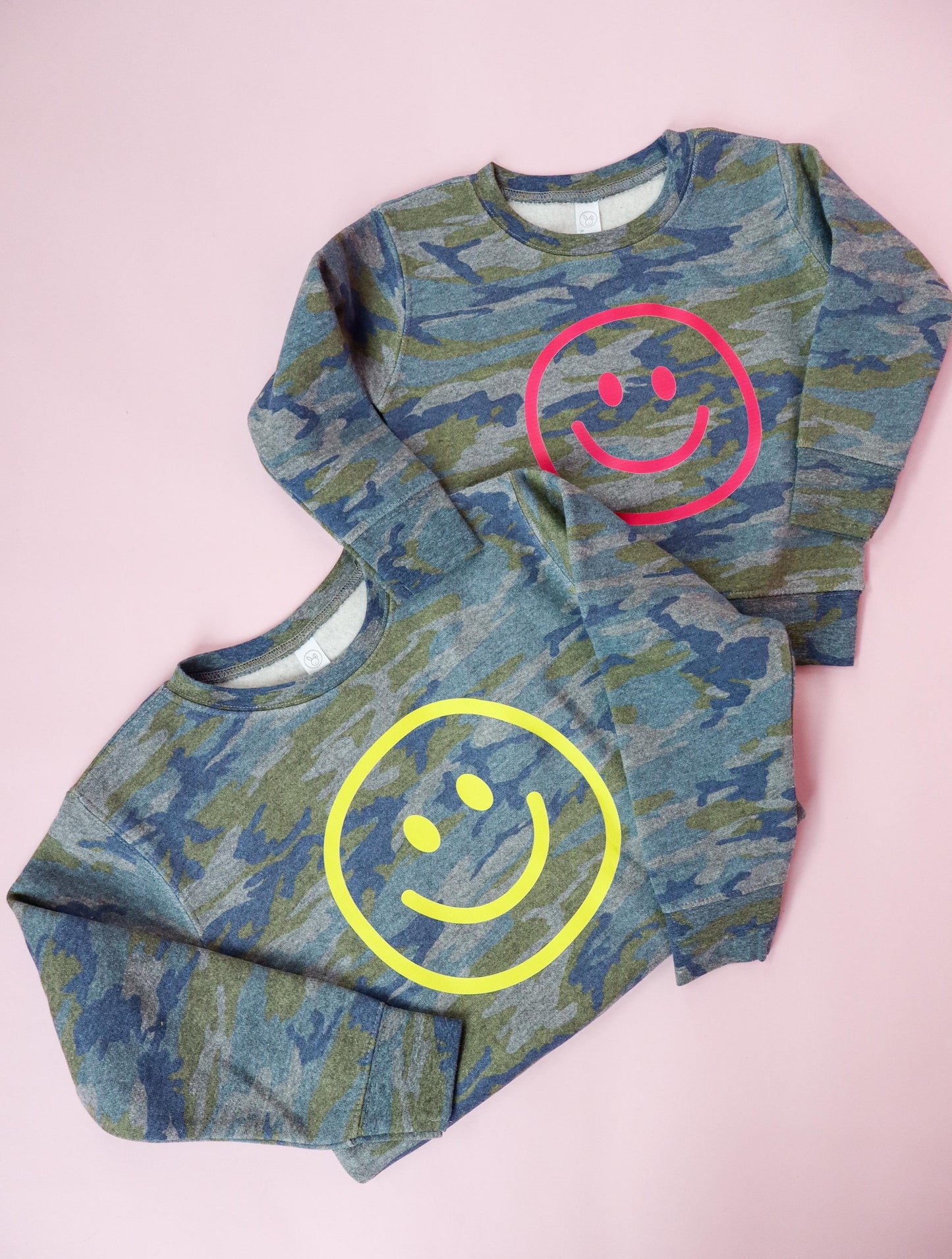 Customizable Retro Happy Face Camo Sweatshirt or T-Shirt | Infant, Toddler, Youth Sizes | Trendy Kids Crewneck, Gift for Toddler, Youth