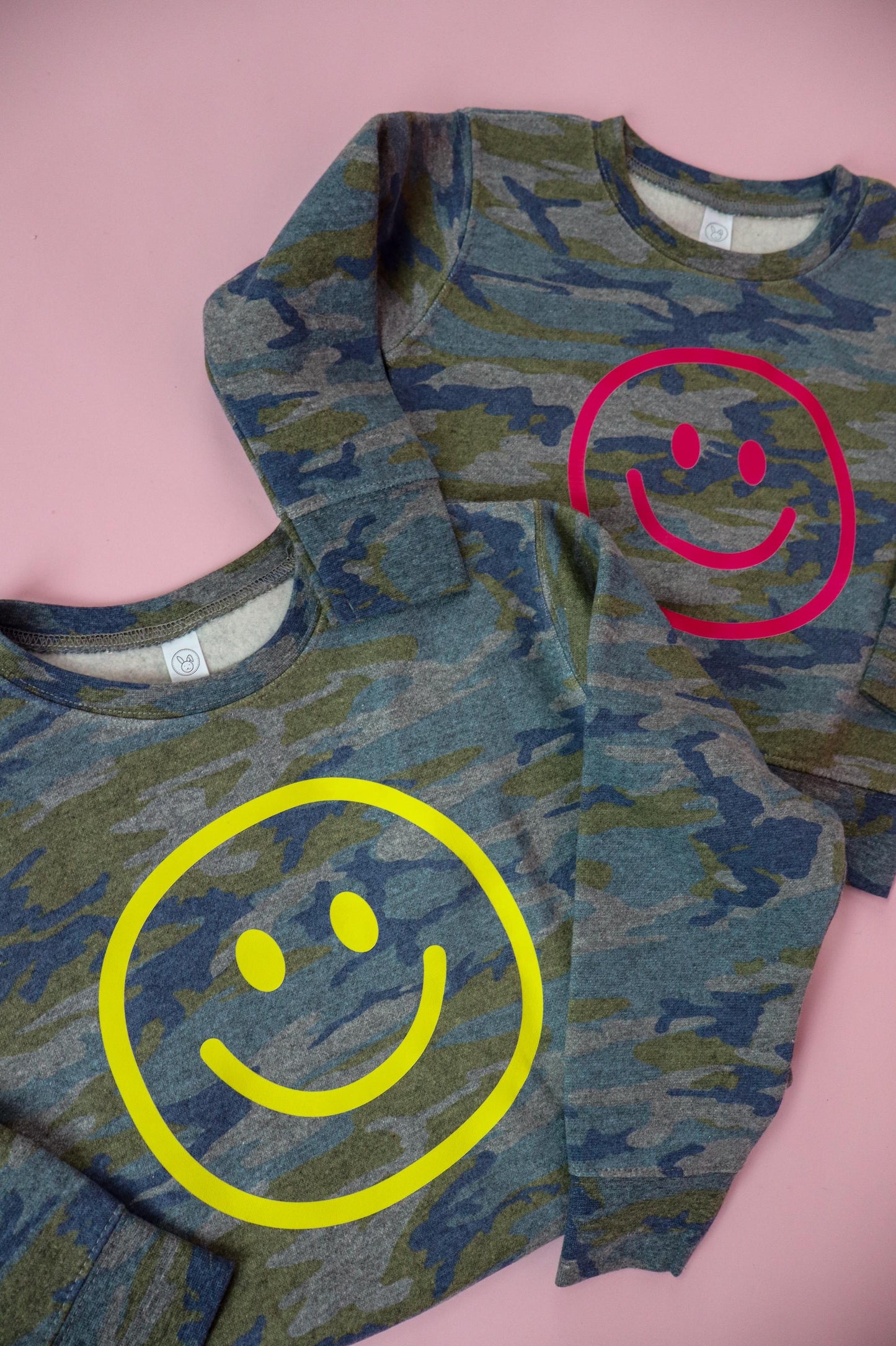 Customizable Retro Happy Face Camo Sweatshirt or T-Shirt | Infant, Toddler, Youth Sizes | Trendy Kids Crewneck, Gift for Toddler, Youth