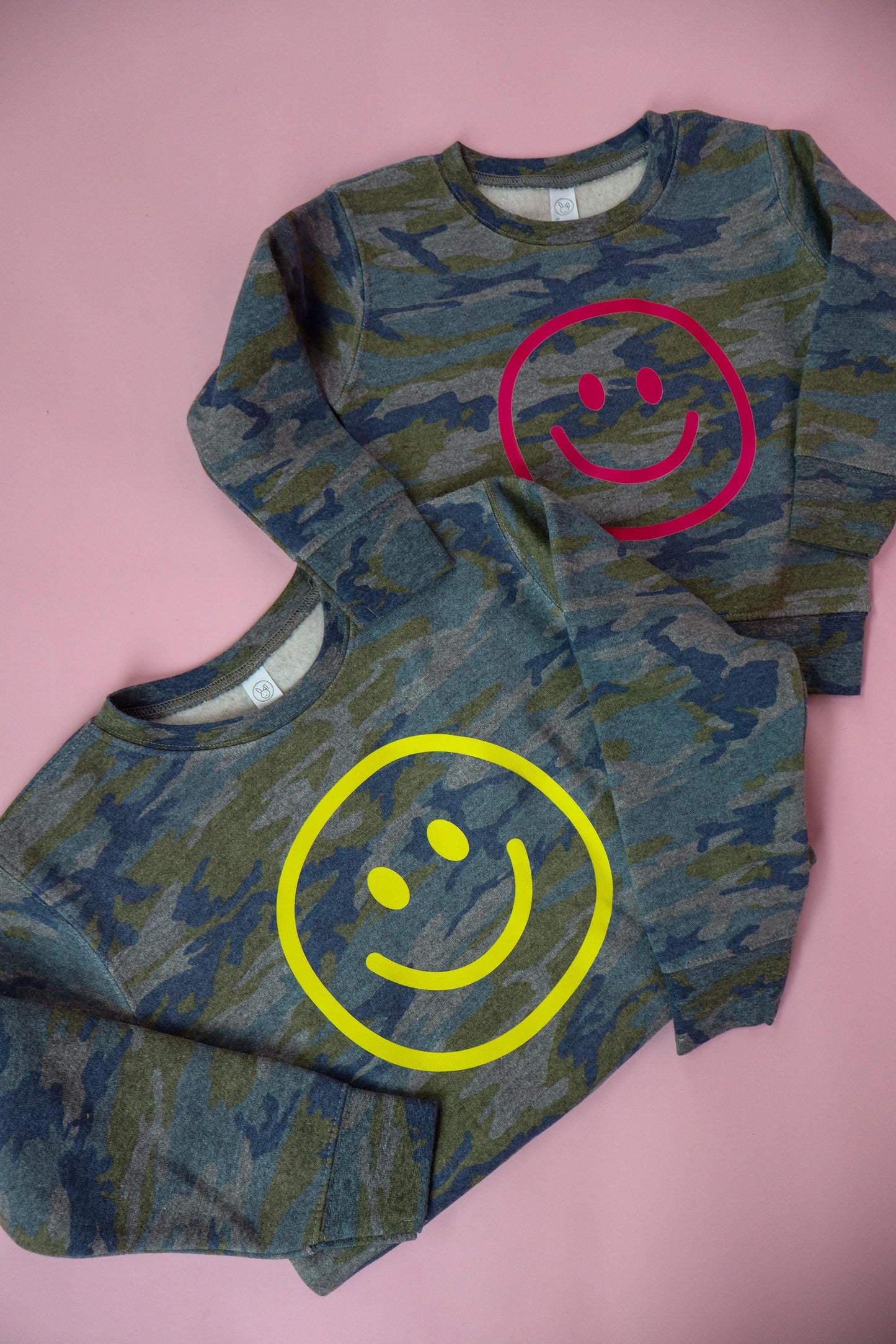 Customizable Retro Happy Face Camo Sweatshirt or T-Shirt | Infant, Toddler, Youth Sizes | Trendy Kids Crewneck, Gift for Toddler, Youth