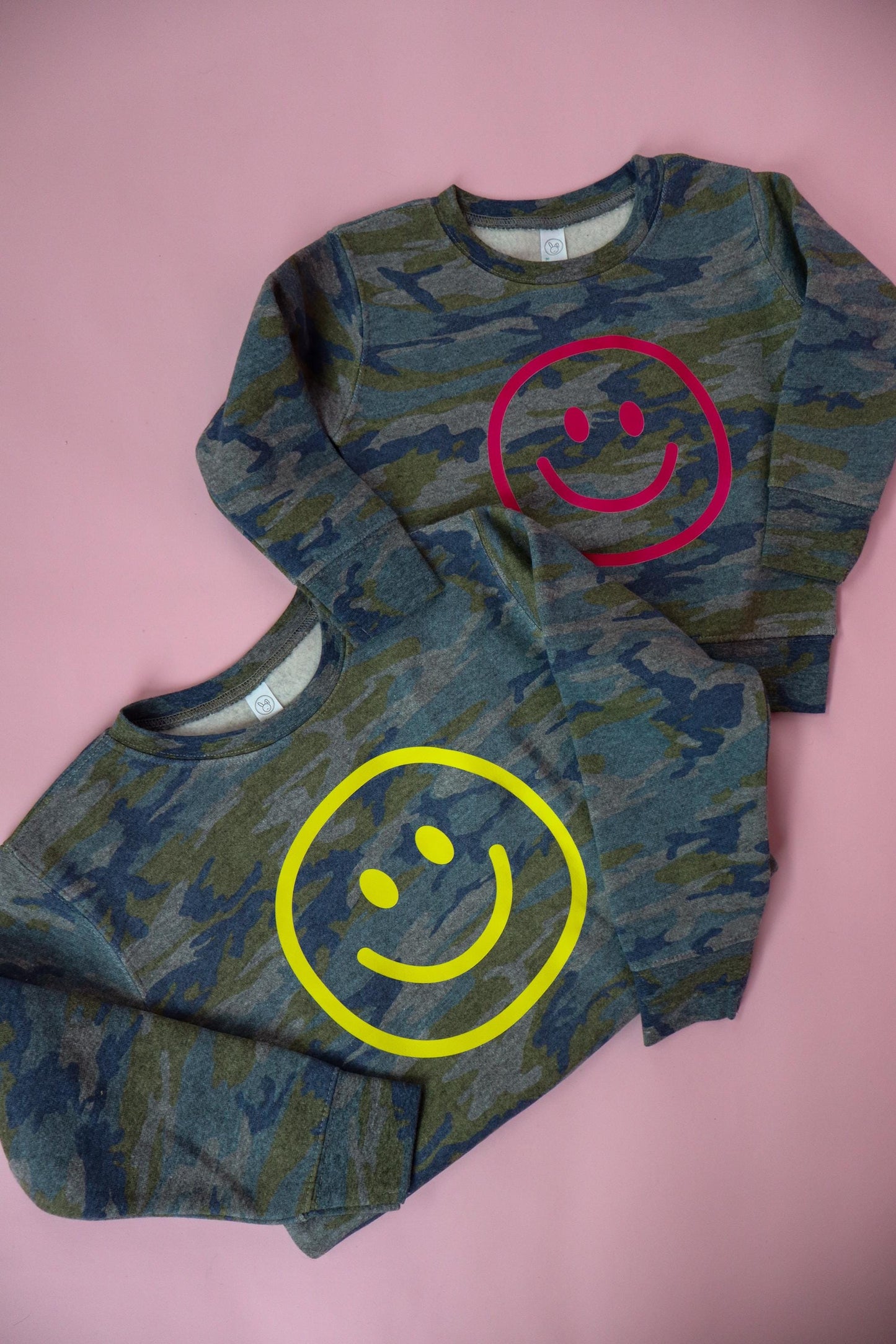 Customizable Retro Happy Face Camo Sweatshirt or T-Shirt | Infant, Toddler, Youth Sizes | Trendy Kids Crewneck, Gift for Toddler, Youth