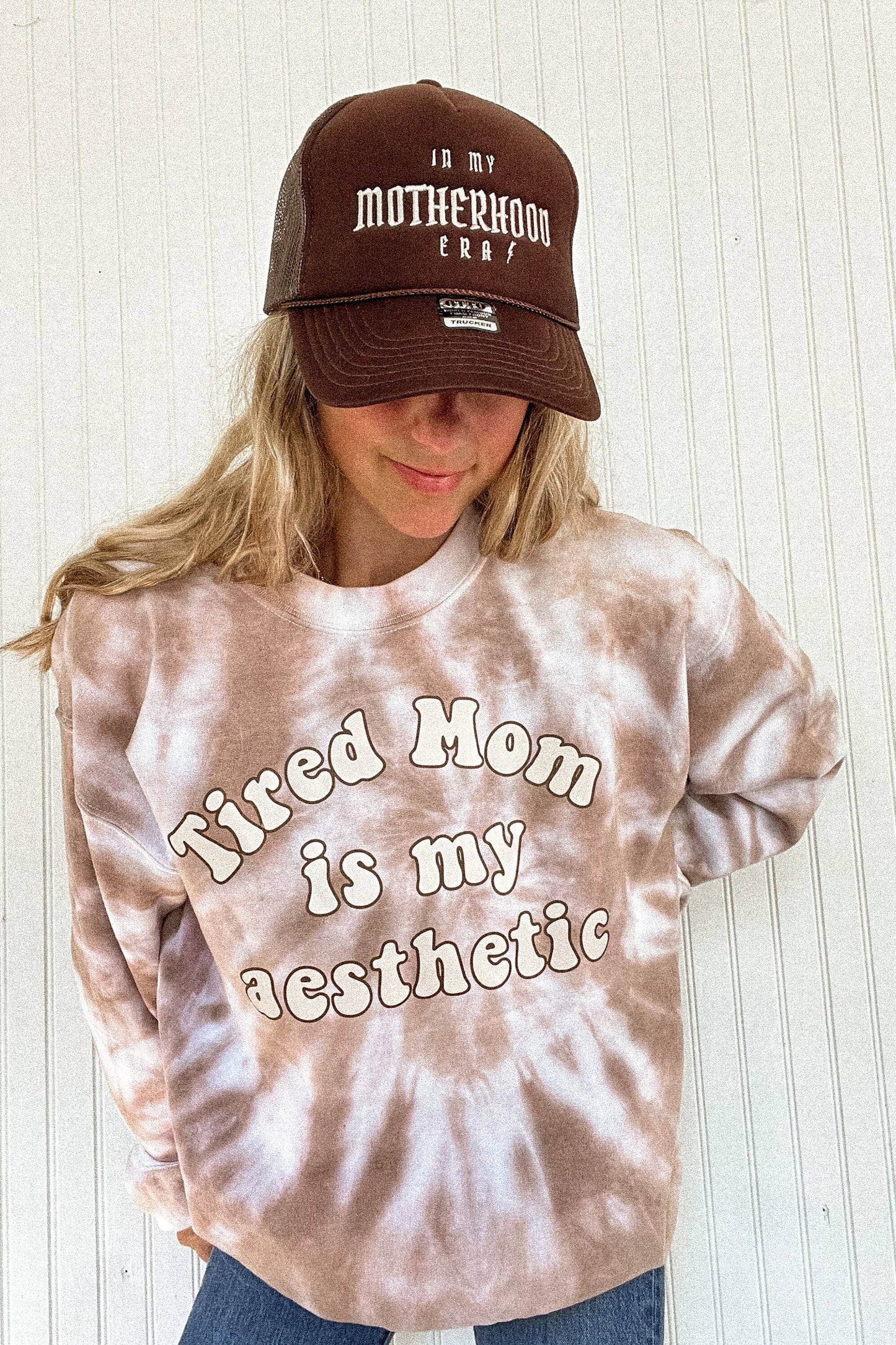 TIRED MOM IS MY AESTHETIC CREW. TAN AND CHOCOLATE BROWN TIE DYE.FONT IS NEUTRAL AND RETRO