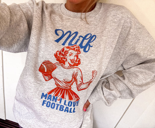 MILF Football Sweatshirt | Retro “Man I Love Football” Graphic Crewneck | Funny Game Day Shirt | Women’s Fall Football Outfit | Gift for Sports Fans