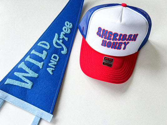 Patriotic Trucker Hat, Womens Trucker Hat, Trendy Summer Hat, Red White and Blue Trucker Hat, American Honey Trucker Hat, Women's Trendy Hat