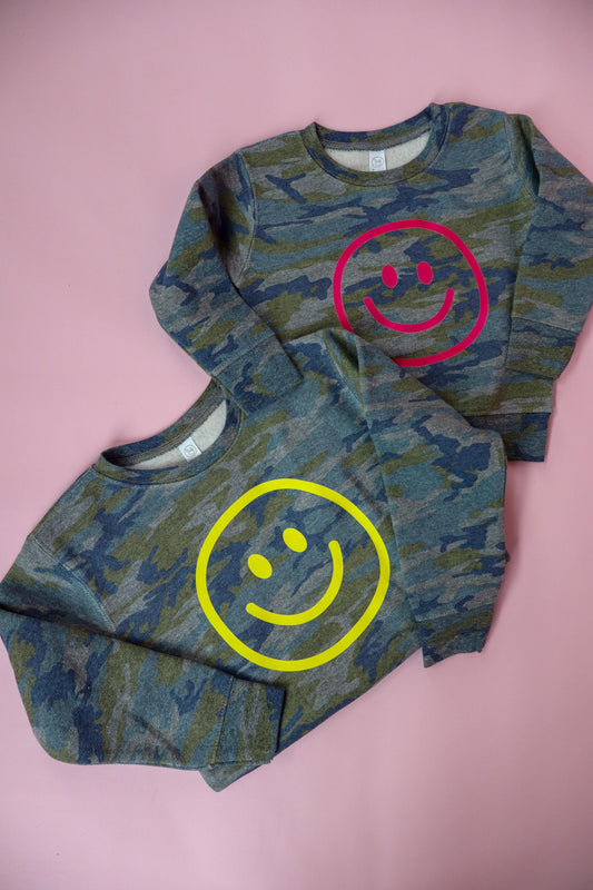 Customizable Retro Happy Face Camo Sweatshirt or T-Shirt | Infant, Toddler, Youth Sizes | Trendy Kids Crewneck, Gift for Toddler, Youth