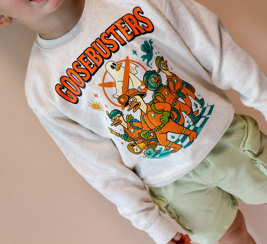 Kids Halloween shirt with “Goosebusters” spooky goose graphic