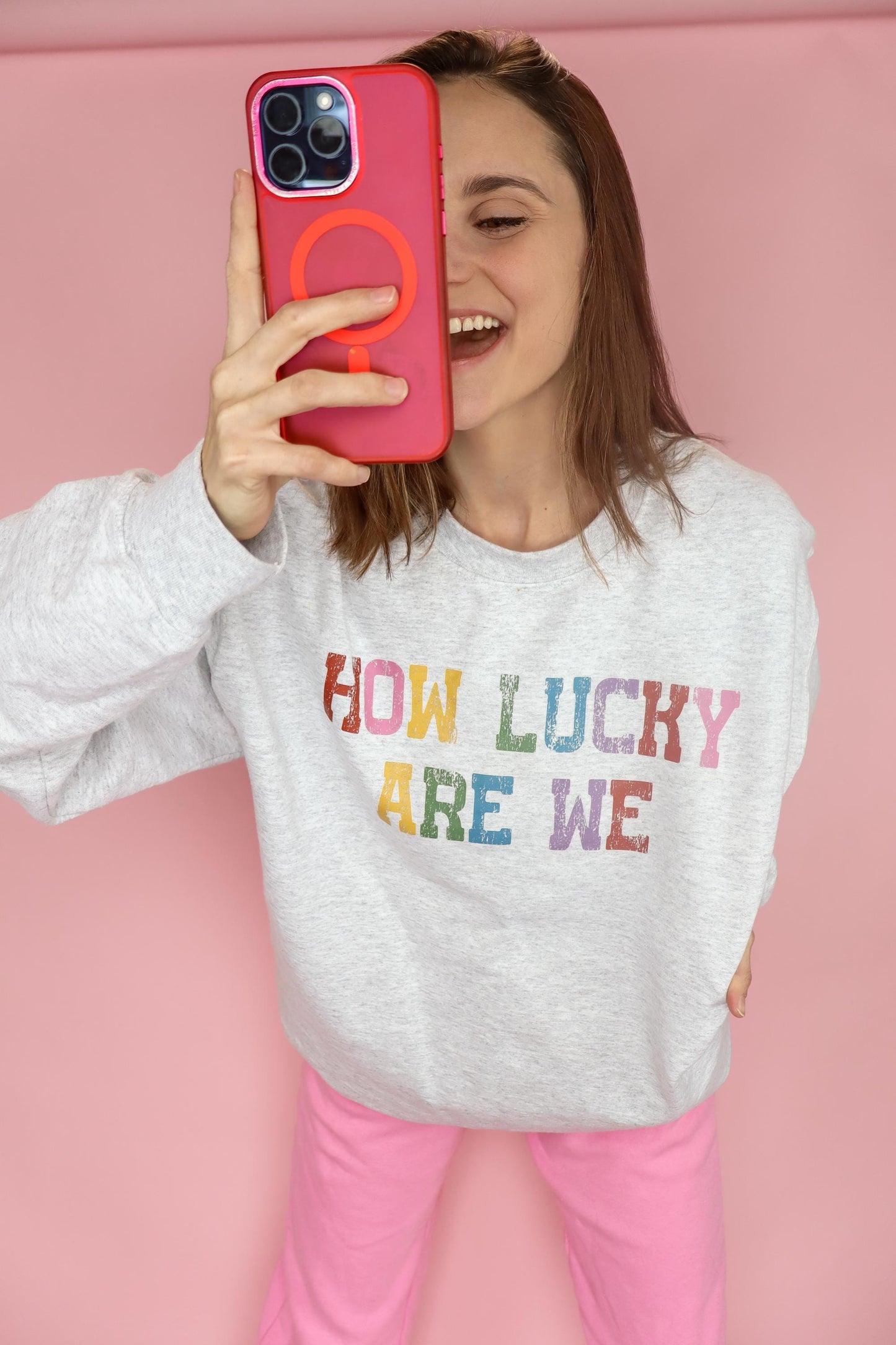 How Lucky Are We Sweatshirt, Gratitude Sweatshirt, Rainbow Graphic Crewneck, Cozy Mom Sweater, Neutral Everyday Pullover