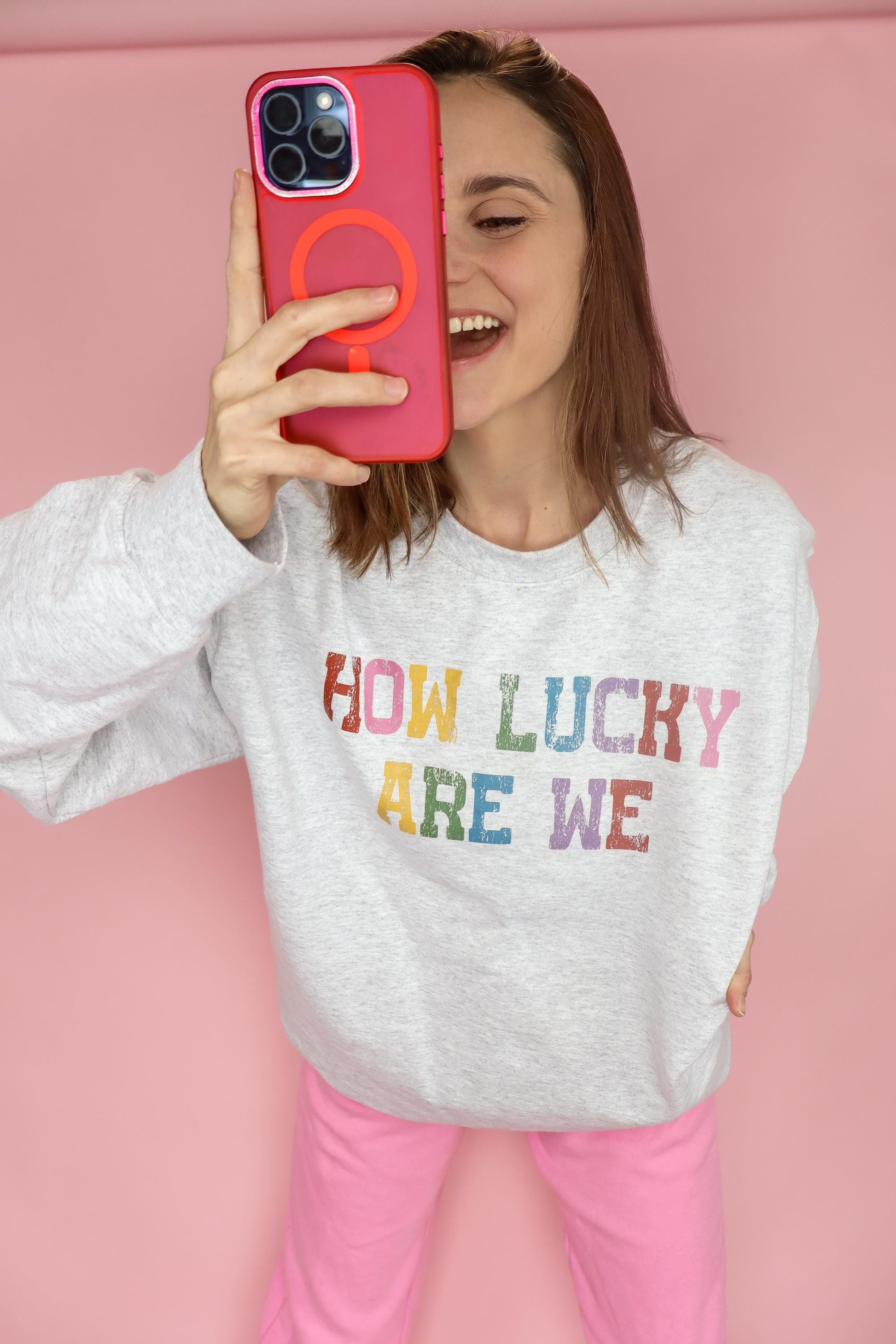How Lucky Are We Sweatshirt, Gratitude Sweatshirt, Rainbow Graphic Crewneck, Cozy Mom Sweater, Neutral Everyday Pullover