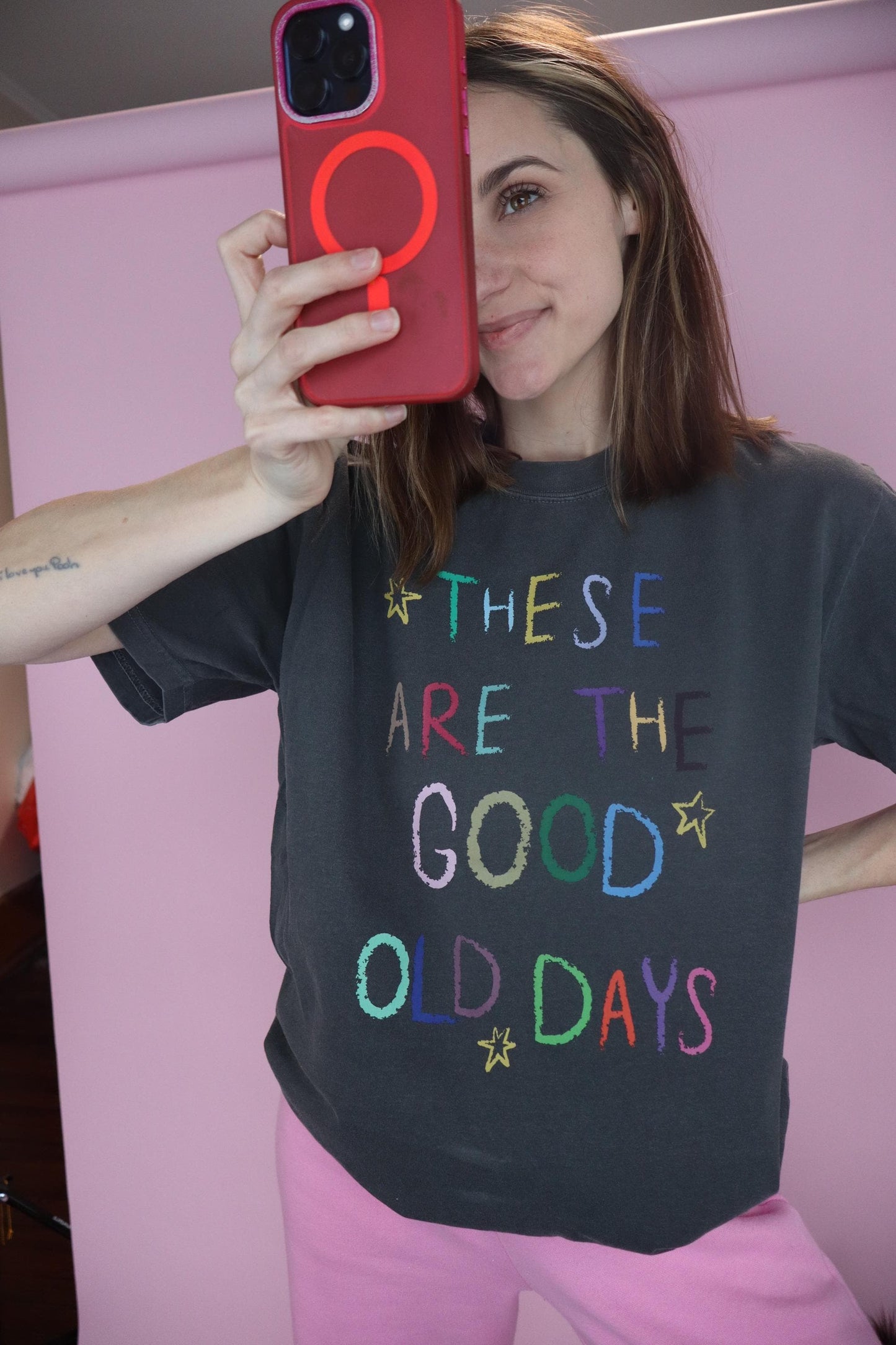 Handwritten rainbow text with Nostalgic Feel