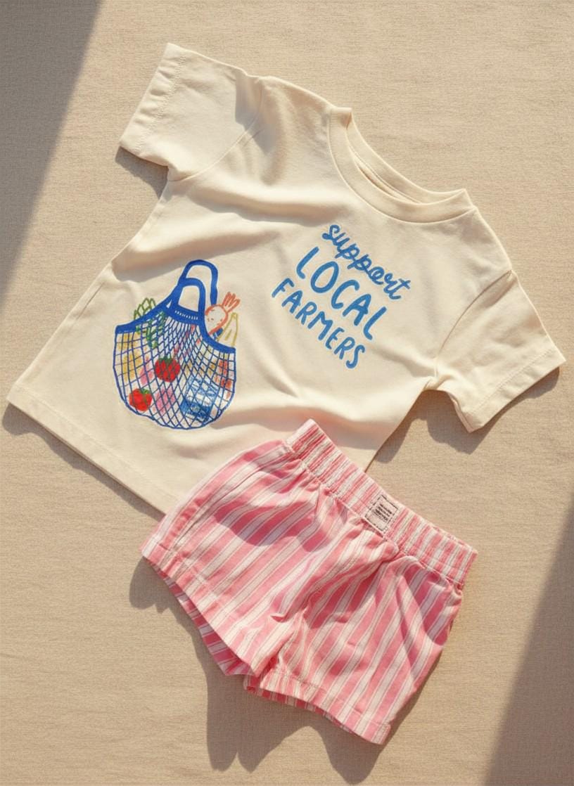 Support Local Kids T-Shirt: Retro Fruit & Veggie Market Graphic