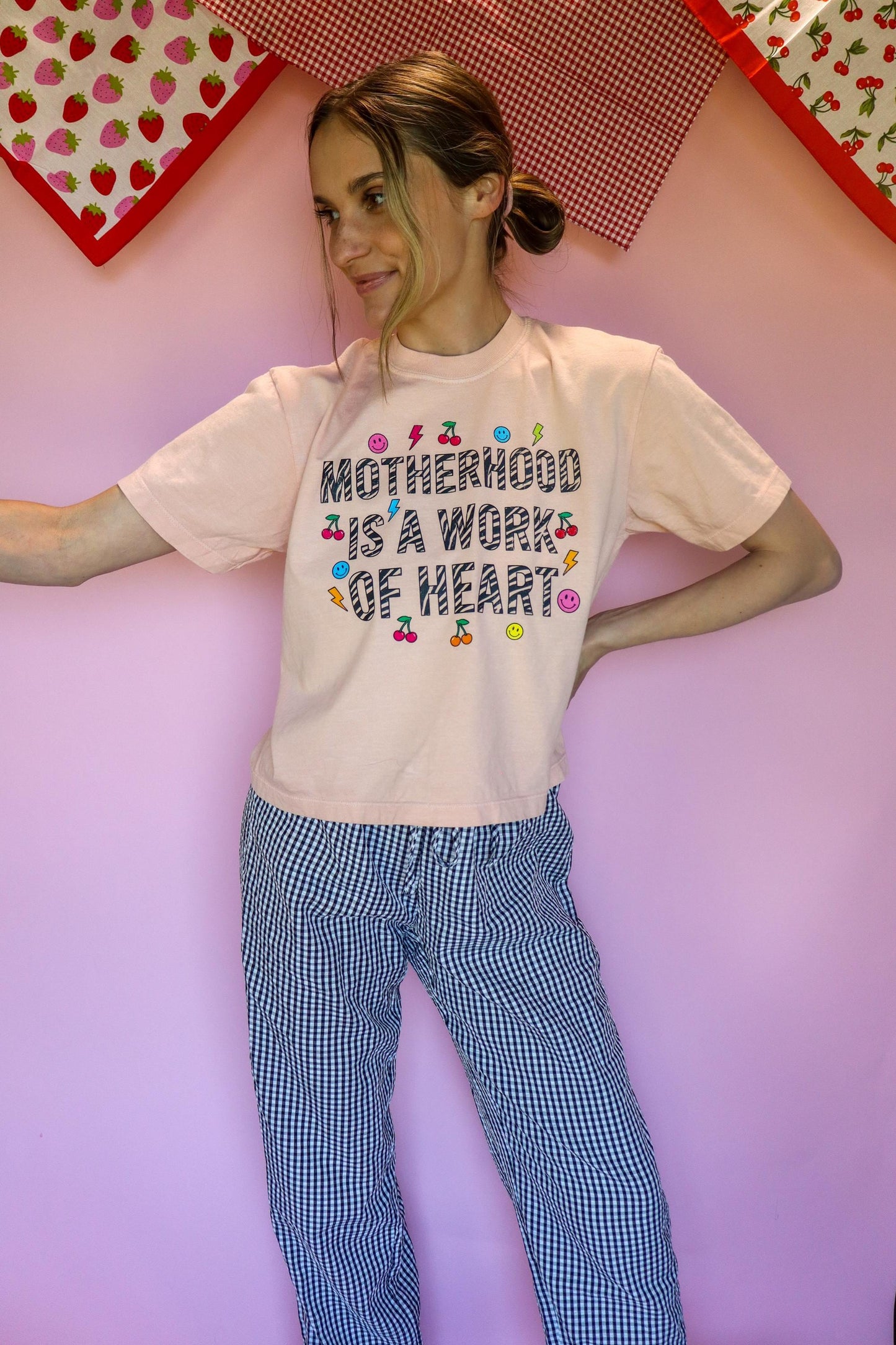 Motherhood Is a Work of Heart Shirt, Trendy Mom Tee, Cute Graphic Mom Shirt, Cherry Happy Face Shirt, Comfort Colors® Peach Tee