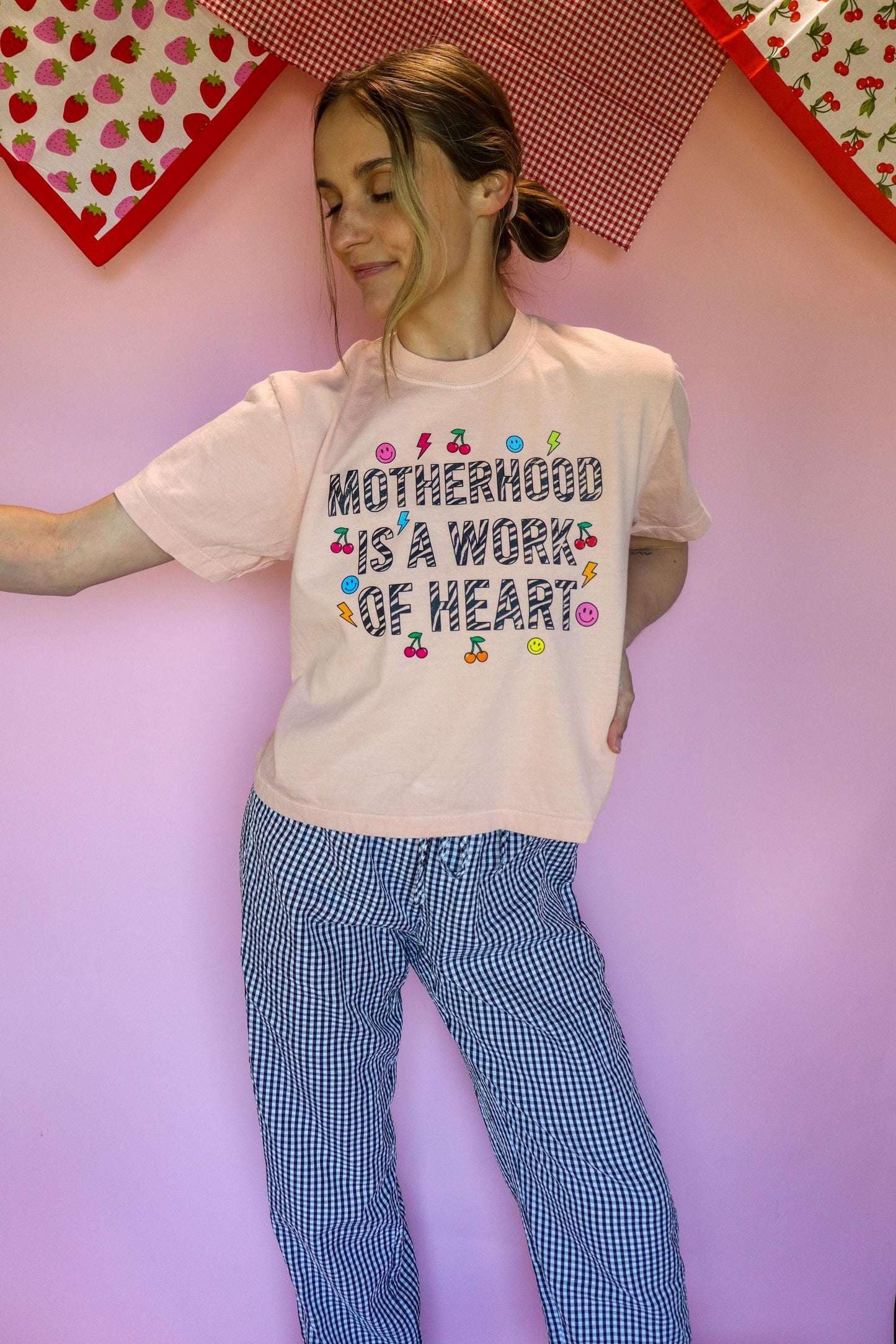 Motherhood Is a Work of Heart Shirt, Trendy Mom Tee, Cute Graphic Mom Shirt, Cherry Happy Face Shirt, Comfort Colors® Peach Tee