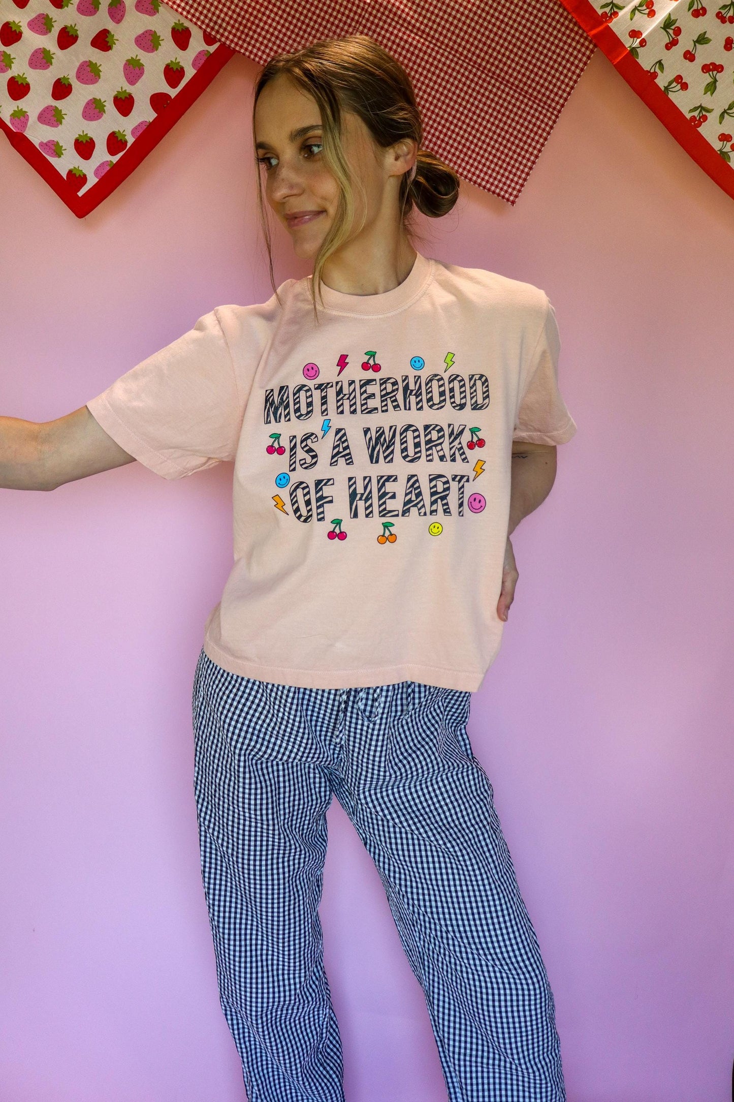 Motherhood Is a Work of Heart Shirt, Trendy Mom Tee, Cute Graphic Mom Shirt, Cherry Happy Face Shirt, Comfort Colors® Peach Tee